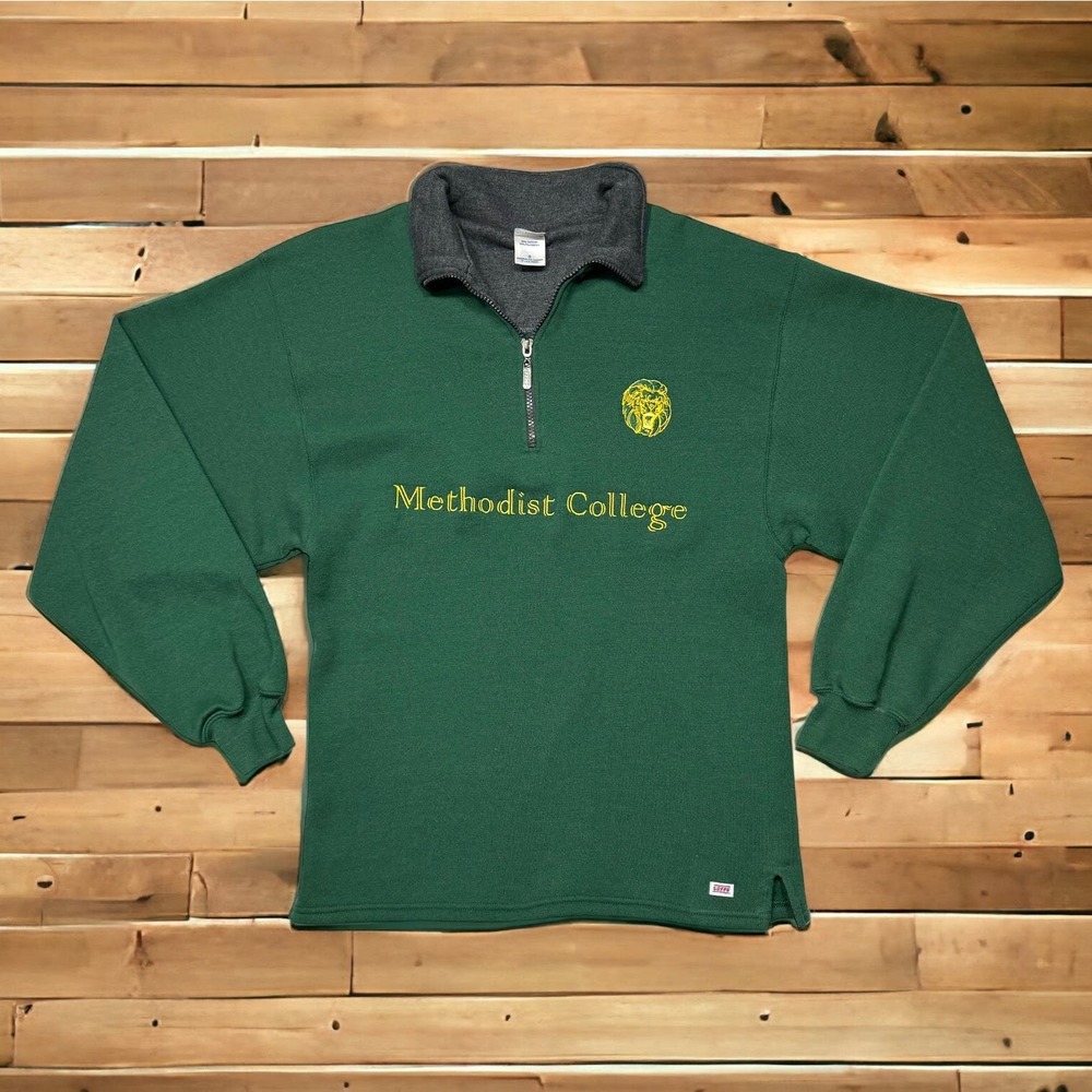 Vintage 90s Methodist College University Green 1/4 Zip Sweatshirt Size Small EUC